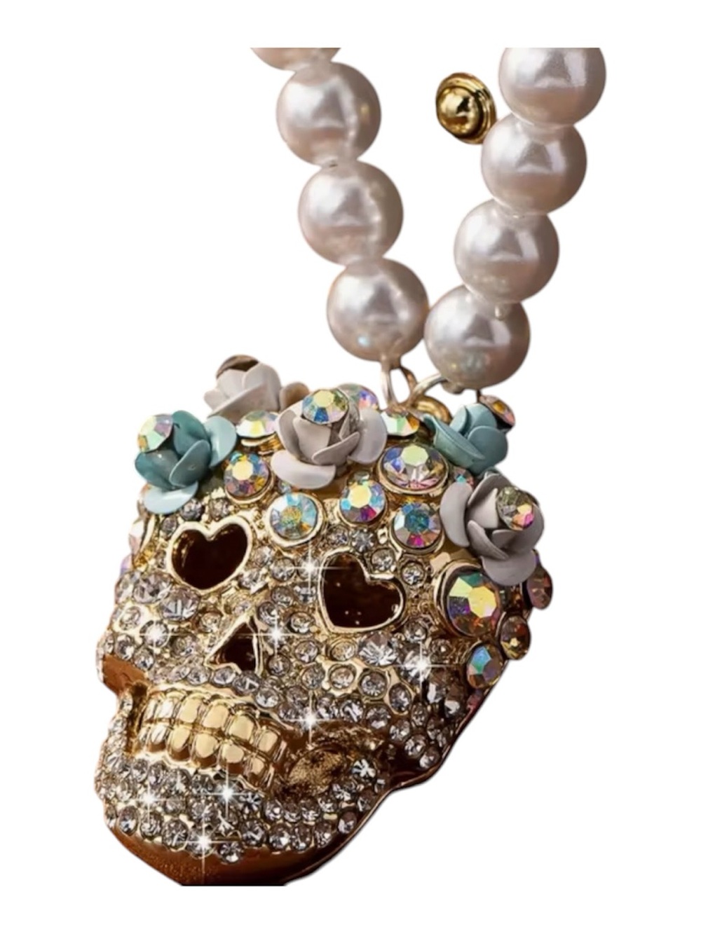 NWOT Pearl Strand Skull Pendant Necklace with Crystal and Flower Accents - Gold